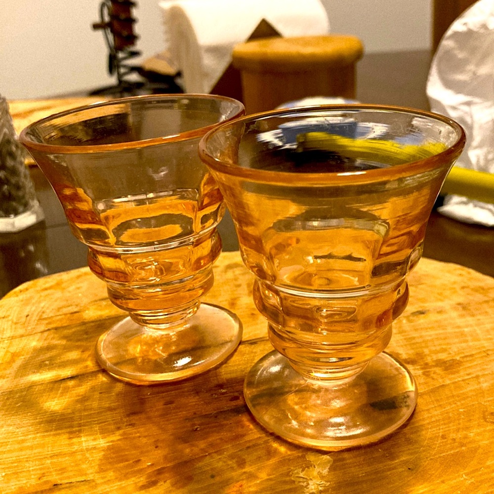 SET PADEN CITY GLASS PARTY LINE CHERIGLO PINK BLOCK OPTIC 3" WINE TUMBLER 1928-